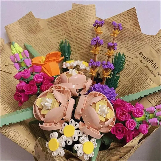 Romantic Rose Flower Bouquet Home Decor Building Blocks