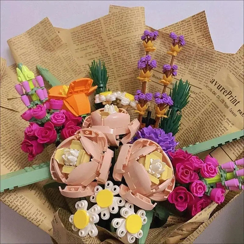 Romantic Rose Flower Bouquet Home Decor Building Blocks