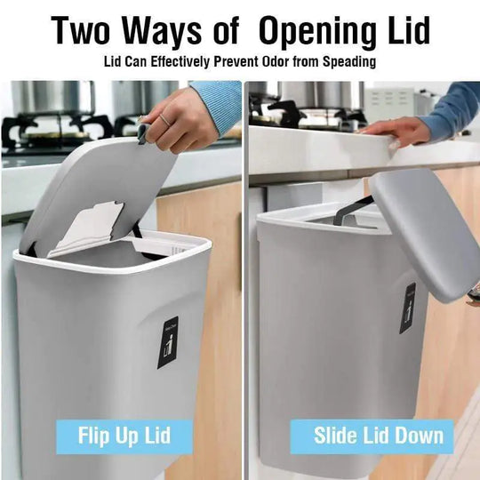 Two ways of open lid wall mount trash can in kitchen 