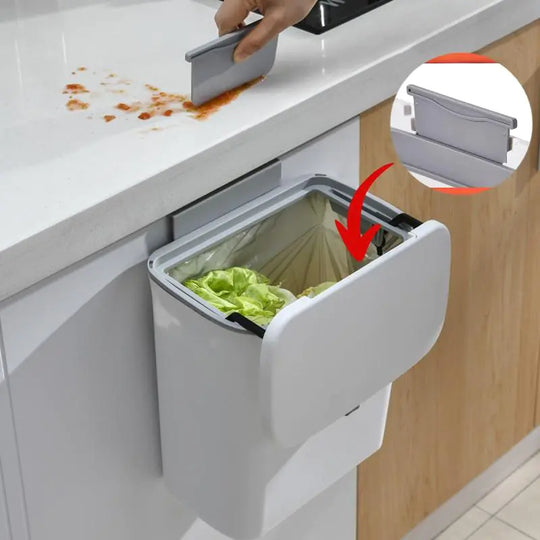 Two ways of opening lid Wall mount trash can in kitchen